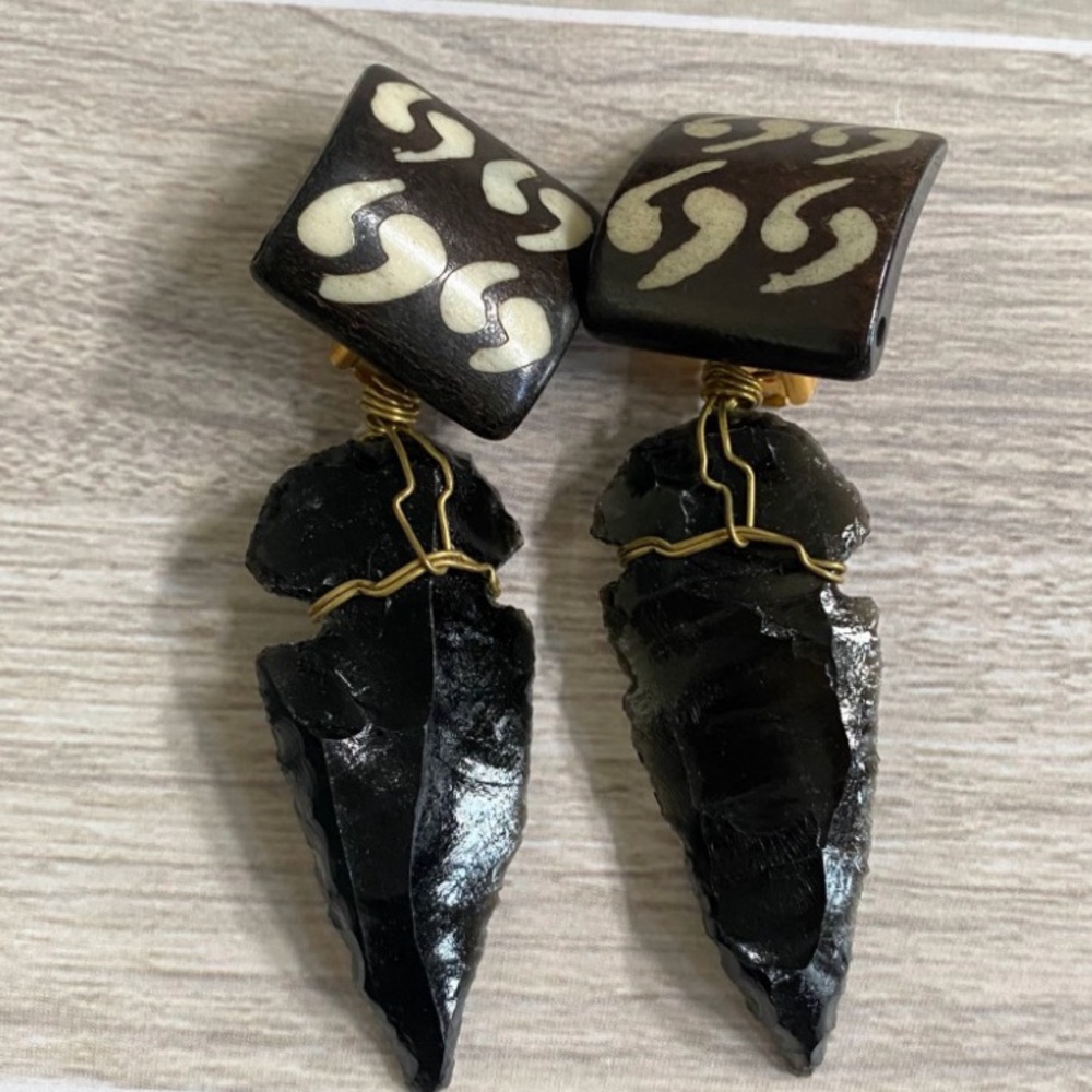 Karen Roache(Another Phase) obsidian & African bone mudclothe clip on earrings